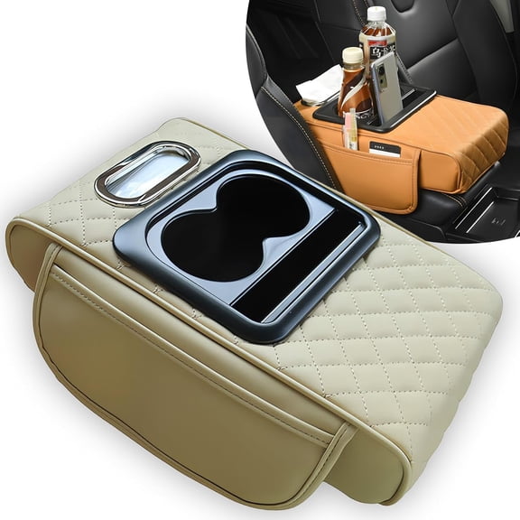 Central Console Organizer,13.8"×3.1"×7.9" Multifunctional PU Leather Car Armrest with Pocket,Tissue Box,2 Cup Holder & Phone Slot,Car Accessories