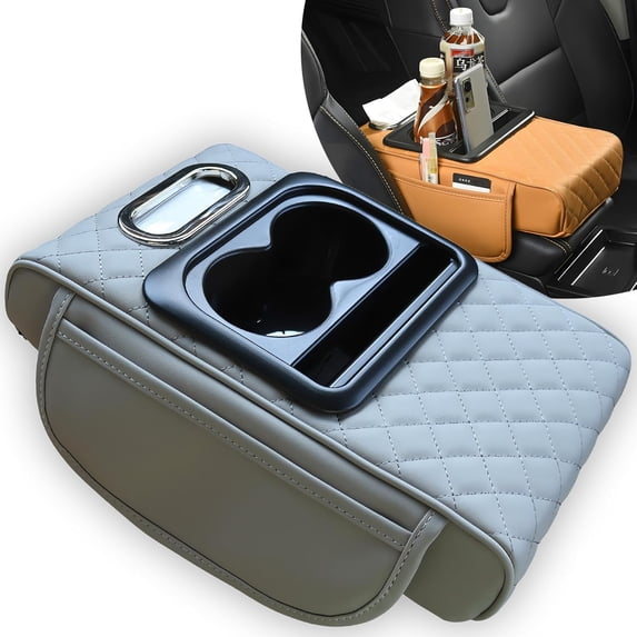 Central Console Organizer, Multifunctional PU Leather Car Armrest Box Mat with 5-in-1 Design, Center Console Cover with 2 Cup Holders for Storing Tissues and Drinks for Most Cars