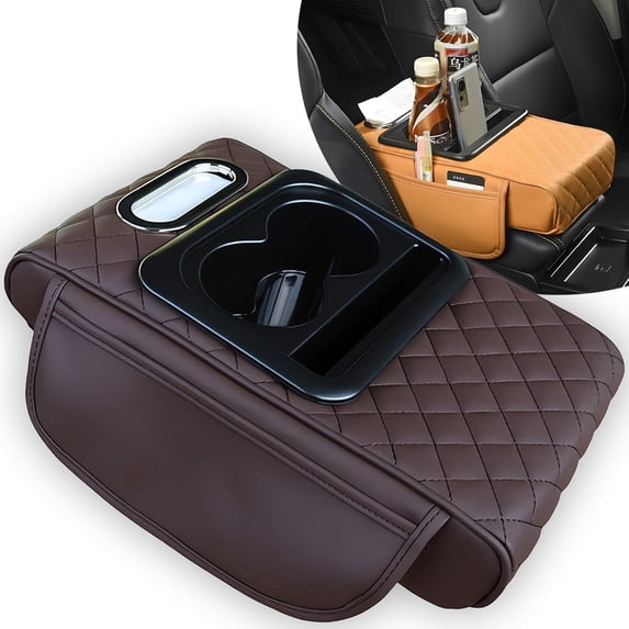 Central Console Organizer, Multifunctional PU Leather Car Armrest Box Mat with 5-in-1 Design, Center Console Cover with 2 Cup Holders for Storing Tissues and Drinks for Most Cars
