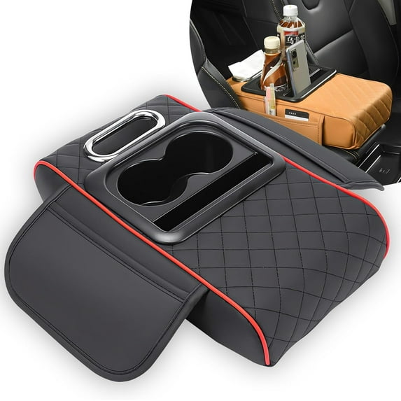 Central Console Organizer, Multifunctional PU Leather Car Armrest Box Mat with 5-in-1 Design, Center Console Cover with 2 Cup Holders for Storing Tissues and Drinks for Most Cars