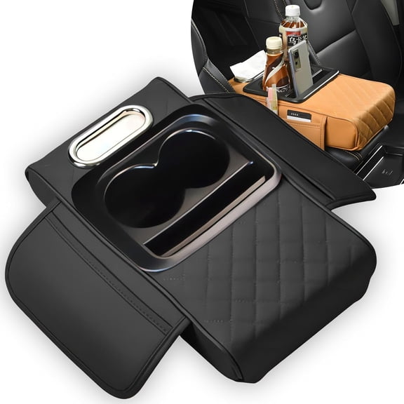 Central Console Organizer, Multifunctional PU Leather Car Armrest Box Mat with 5-in-1 Design, Center Console Cover with 2 Cup Holders for Storing Tissues and Drinks for Most Cars