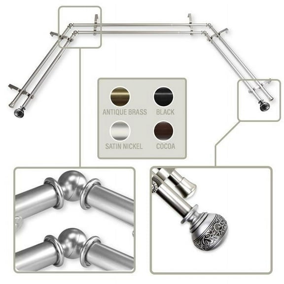 Central Design ABay-87-5D 0.8125 in. Lucid Bay Window Double Curtain Rod with Side Rod Extends Upto 20 to 36 in. & Center Rod Extends Upto 38 to 72 in., Satin Nickel