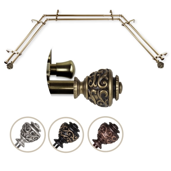 Central Design ABay-89-4D 0.8125 in. Harmony Bay Window Double Curtain Rod with Side Rod Extends Upto 20 to 36 in. & Center Rod Extends Upto 38 to 72 in., Antique Brass