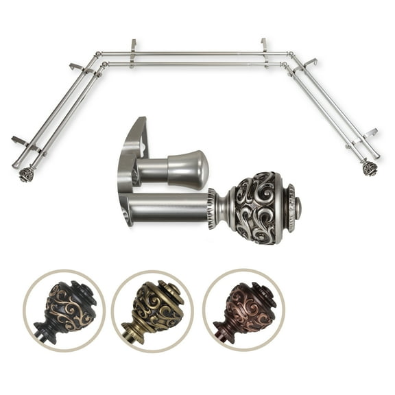 Central Design ABay-89-5D 0.8125 in. Harmony Bay Window Double Curtain Rod with Side Rod Extends Upto 20 to 36 in. & Center Rod Extends Upto 38 to 72 in., Satin Nickel