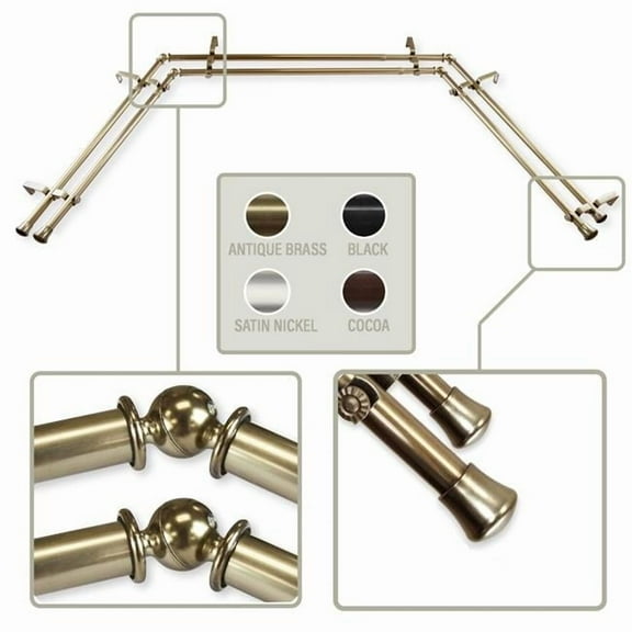 Central Design ABay-91-4D 0.8125 in. Louise Bay Window Double Curtain Rod with Side Rod Extends Upto 20 to 36 in. & Center Rod Extends Upto 38 to 72 in., Antique Brass