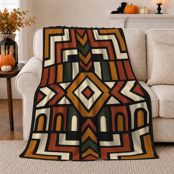 Central Diamond With Angular Arrows And Arches, Cozy Flannel Blanket with Southwestern Geometric Print, Housewarming Gift for Geometric Decor Enthusiasts, Home Decor for Bedroom and Living Room