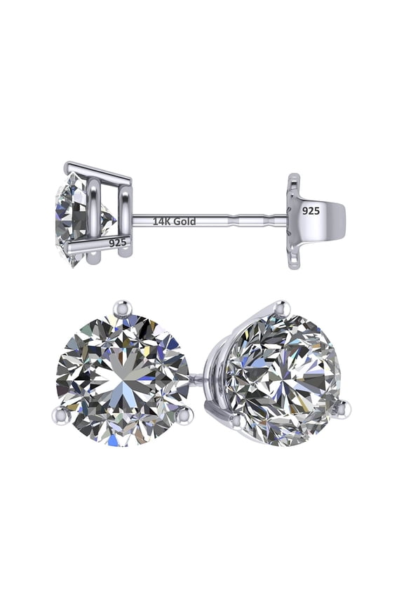 14K Gold Post & Sterling Silver Made with Swarovski Zirconia 3 Prong Martini Stud Earrings - Platinum Plated 5.25mm 1.00cttw