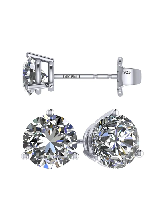 14K Gold Post & Sterling Silver Made with Swarovski Zirconia 3 Prong Martini Stud Earrings - Platinum Plated 6.50mm 2.00cttw