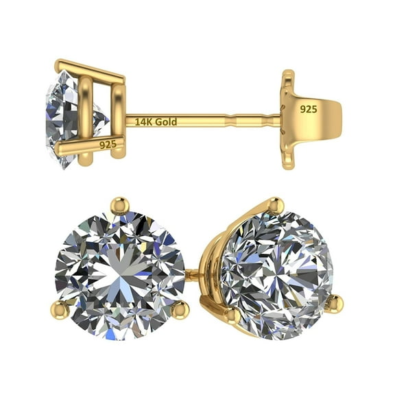 Central Diamond Center 14K Gold Post & Sterling Silver Made with Swarovski Zirconia 3 Prong Martini Stud Earrings- Yellow Gold Plated 5.50mm 1.50ctw