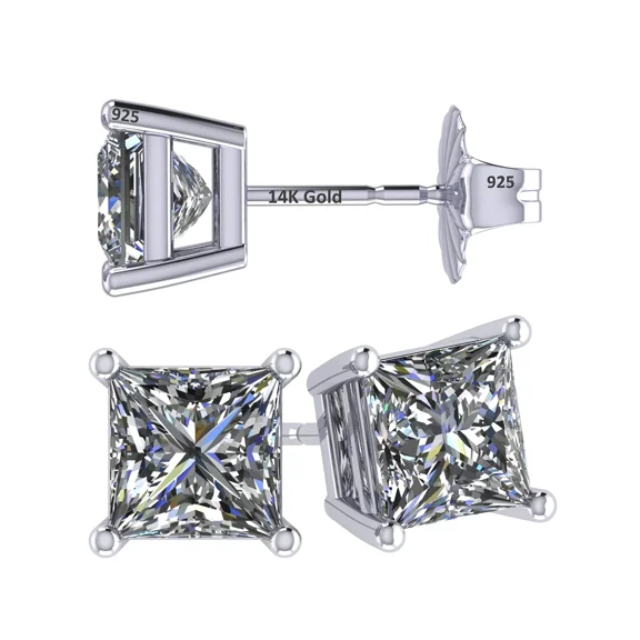 Central Diamond Center 14K Gold Posts & Sterling Silver Princess Cut CZ Stud Earrings Made with Swarovski Zirconia - 5.0mm 1.50cttw - Platinum Plated