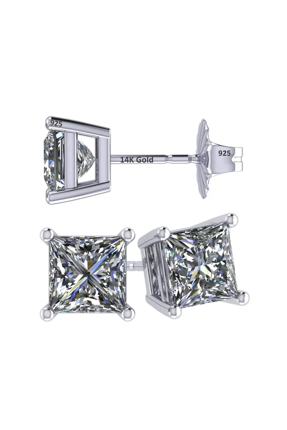 14K Gold Posts & Sterling Silver Princess Cut CZ Stud Earrings Made with Swarovski Zirconia - 6.0mm 3.00cttw - Platinum Plated