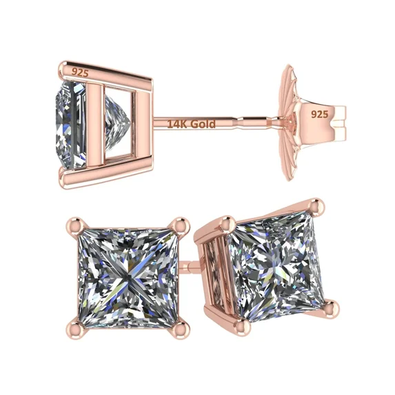 Central Diamond Center 14K Gold Posts & Sterling Silver Princess Cut CZ Stud Earrings Made with Swarovski Zirconia - 5.0mm 1.50cttw - Rose Gold Plated
