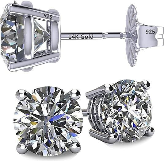 Central Diamond Center 2 Carat total weight Moissanite Stud Earrings Sterling Silver with 14k Gold post, Friction Platinum Plated - 6.5mm
