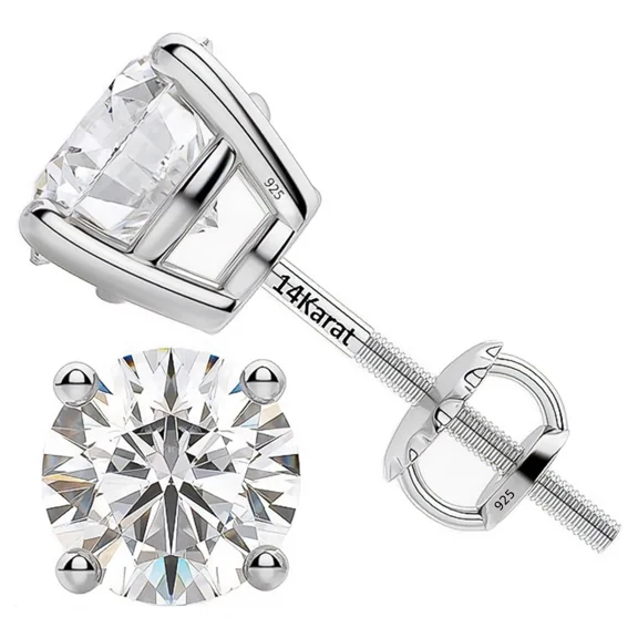 Central Diamond Center - 2ct total weight Moissanite Stud Earrings Sterling Silver with 14k gold post 6.5mm -Threaded-Platinum Plated