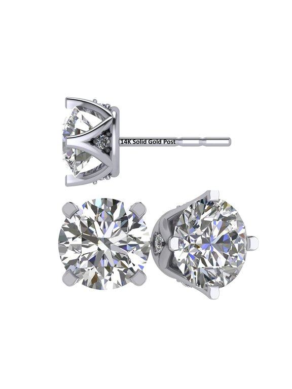 4 Prong Lucita Simulated Diamond Stud Earrings with Solid 14K Gold Posts-White-5.0 mm-1.00ctw