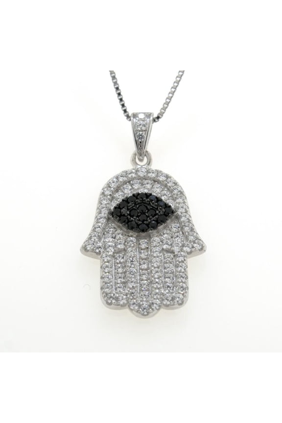 Hamsa Evil Eye Pendant 15mm x 19mm Sterling Silver and Pure Brilliance CZ w/ Chain