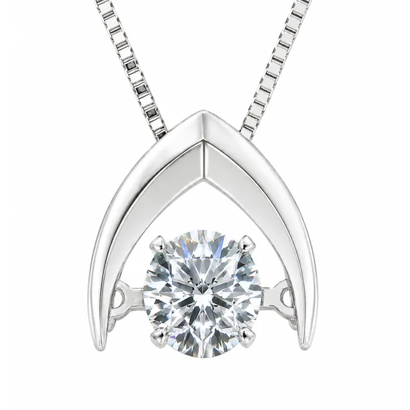 Central Diamond Center Silver Omega Dancing Stone (CZ) Pendant Rhodium Plated W/Adj. Box Chain
