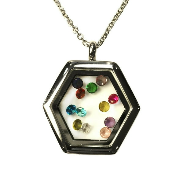 Central Diamond Center Stainless Steel Mother's Locket Pendant (Jan-Dec) with a Chain - Hexagon- White Plated