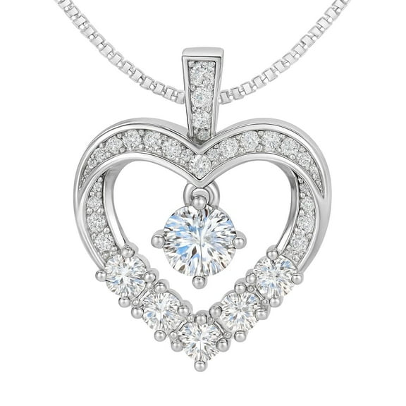 Central Diamond Center Sterling Silver and CZs Heart Necklace - Platinum Plated Sterling Silver