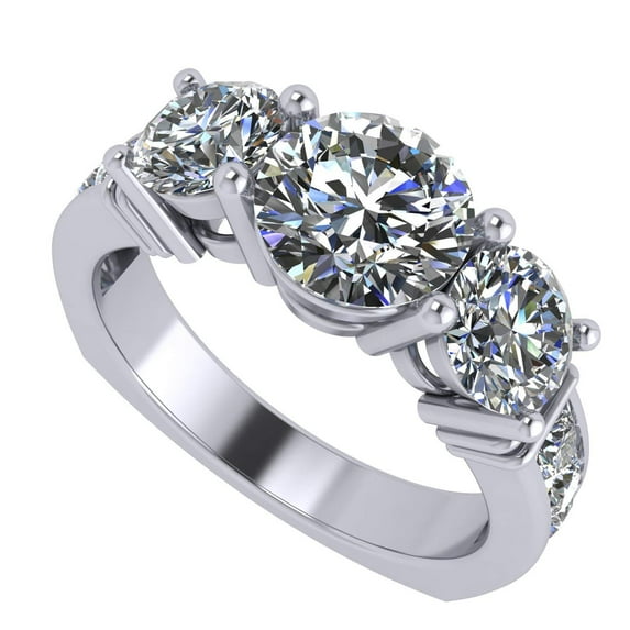 Central Diamond Center Straight Bar Style Sterling Silver CZ 3 Stone Ring 2.50ctw (Euro) - Platinum Plated - Size 6.5
