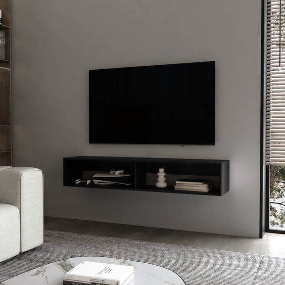 Central Floating Media Rack In Black With Two Shelves For 40-49 Inch Tvs Stylish Stand Entertainment Purposes