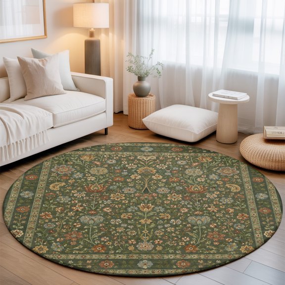 Central Floral Arabesque 3' Round Rug for Bathroom Accent Bedside Corner, Rustic Green Botanical Vine Border Frame Washable Non Slip Soft Circle Area Rug for Small Spaces Entryway