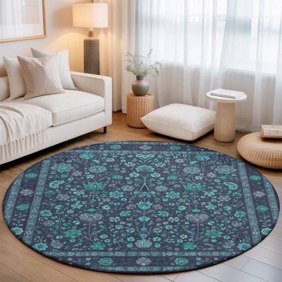 Central Floral Arabesque 3' Round Rug for Bathroom Accent Bedside Corner, Rustic Teal Botanical Vines Border Frame Washable Non Slip Soft Circle Area Rug for Small Spaces Entryway