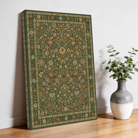Central Floral Arabesque Canvas Wall Art, Rustic Green Botanical Vine Border Frame Pictures Wall Decor Wooden Framed Artwork Art Prints for Living Room Hallway Bedroom Office 8"x10"