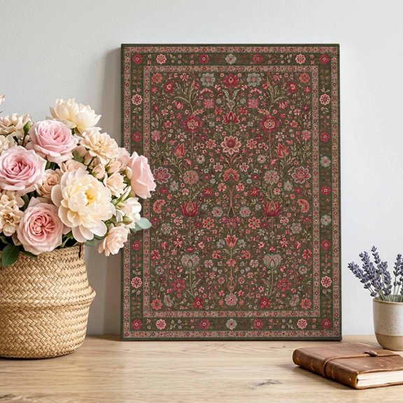 Central Floral Arabesque Canvas Wall Art, Rustic Red Botanical Vines Border Frame Framed Canvas Wall Decor Picture Print Artwork Decorations for Living Room Office Ready to Hang 18" x 12"