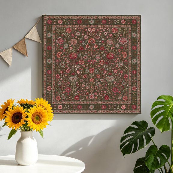 Central Floral Arabesque Canvas Wall Art, Rustic Red Botanical Vines Border Frame Framed Canvas Wall Decor Picture Print Artwork Decorations for Living Room Office Ready to Hang 8" x 8"