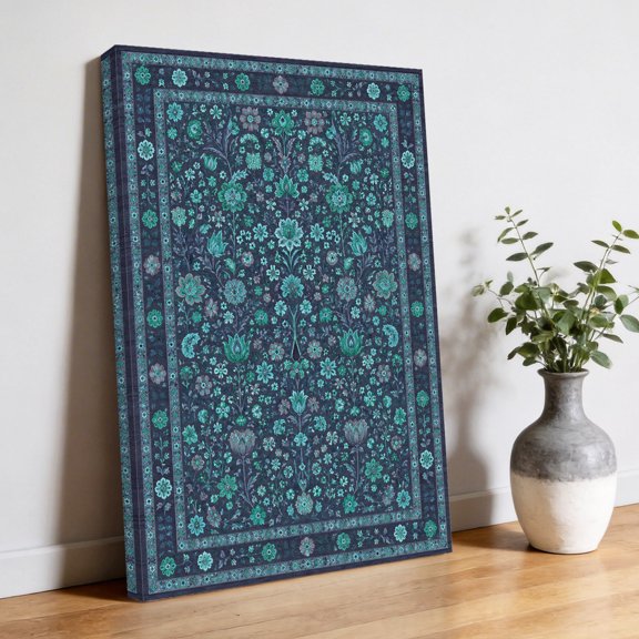Central Floral Arabesque Canvas Wall Art, Rustic Teal Botanical Vines Border Frame Pictures Wall Decor Wooden Framed Artwork Art Prints for Living Room Hallway Bedroom Office 8"x12"