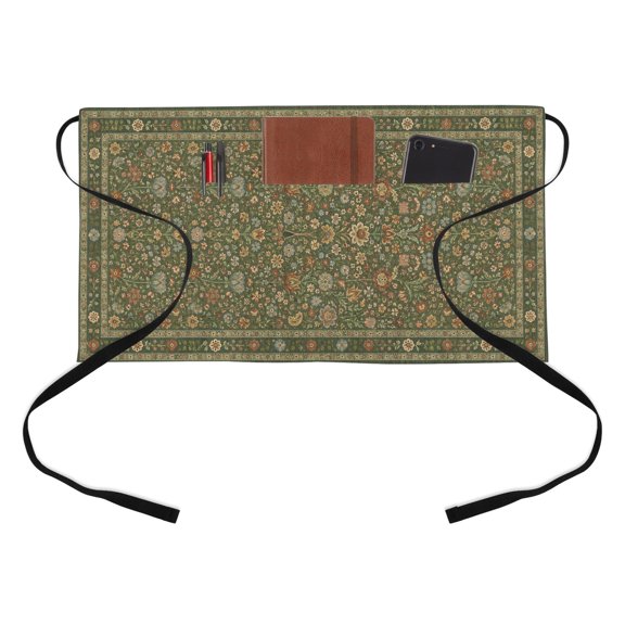 Central Floral Arabesque Kitchen Restaurant Half Waist Apron, Rustic Green Botanical Vine Border Frame Server Short Apron with 3 Pockets Waterproof Oil Waist Aprons for Women Waitress Waiter