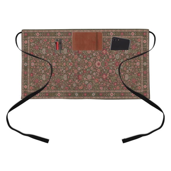Central Floral Arabesque Kitchen Restaurant Half Waist Apron, Rustic Red Botanical Vines Border Frame Server Short Apron with 3 Pockets Waterproof Oil Waist Aprons for Women Waitress Waiter