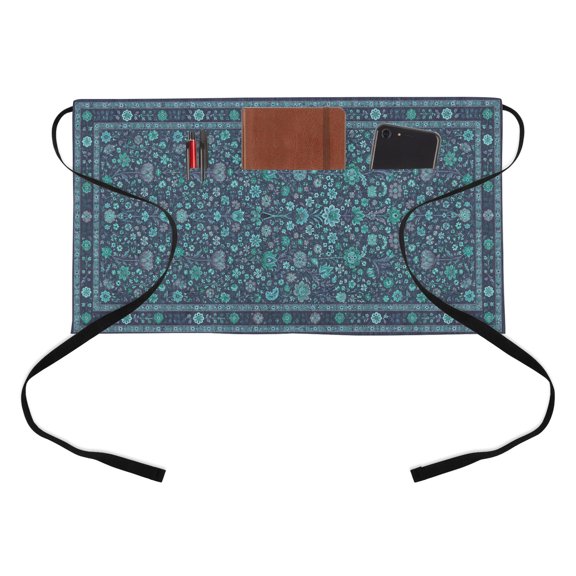 Central Floral Arabesque Kitchen Restaurant Half Waist Apron, Rustic Teal Botanical Vines Border Frame Server Short Apron with 3 Pockets Waterproof Oil Waist Aprons for Women Waitress Waiter
