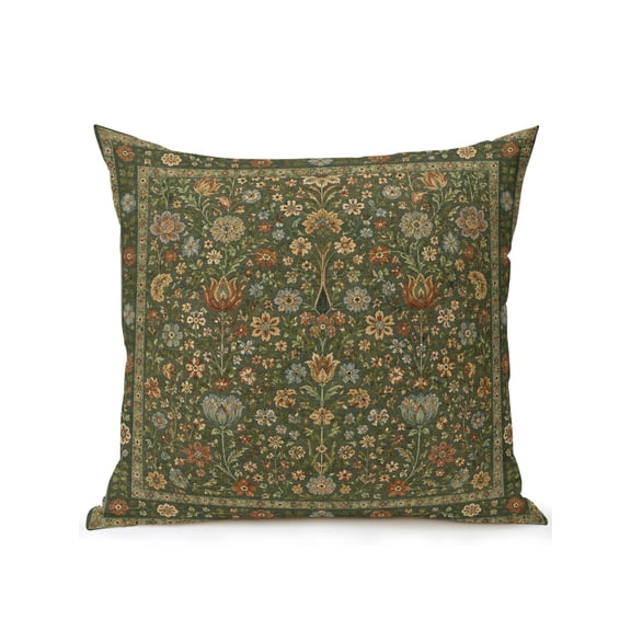 Central Floral Arabesque Outdoor Throw Pillow with Insert, 16"x16" Rustic Green Botanical Vine Border Frame Waterproof Decorative Square Patio Pillows for Outside Furniture, Sofa, Porch, Garden