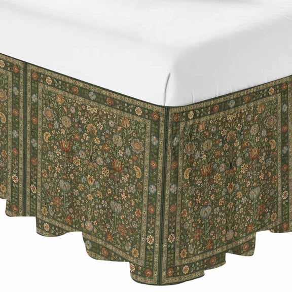 Central Floral Arabesque Ruffle Bed Skirt Queen Size Rustic Green Botanical Vine Border Frame Adjustable Elastic Dust Bed Skirts Wrap Around Bedskirt Wrinkle Free Easy Fit with 18 Inch Drop