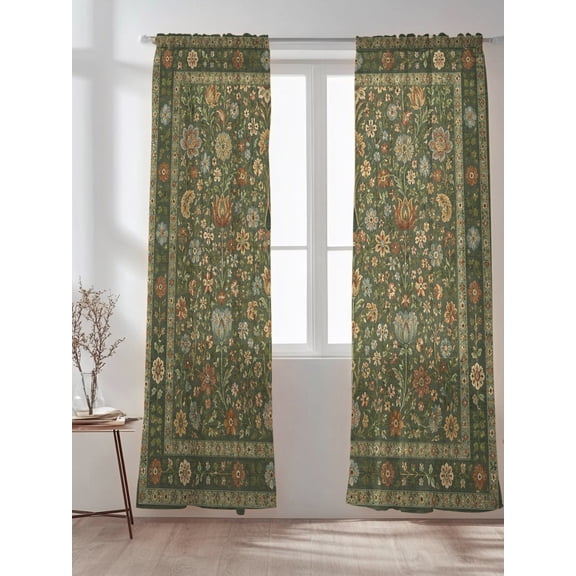 Central Floral Arabesque Sheer Curtains 108 inches Long 2 Panels Set Rustic Green Botanical Vine Border Frame Tiers Sheers Small Window Short Curtains for Kitchen Cafe, Each 52" W x 108" L