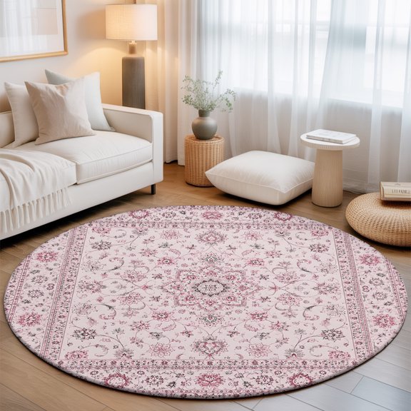 Central Floral Medallion 3' Round Rug for Bathroom Accent Bedside Corner, Rustic Classic Pink Line Arabesques Washable Non Slip Soft Circle Area Rug for Small Spaces Entryway