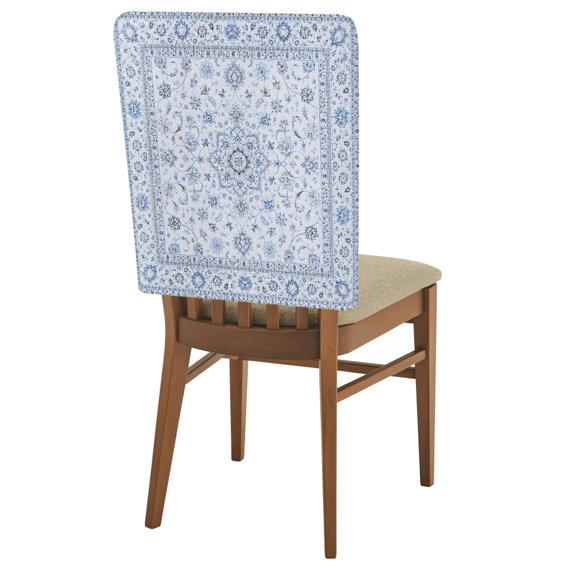 Central Floral Medallion Chair Back Covers Set of 1 Rustic Classic Blue Line Arabesques Removable Dining Chair Slipcovers Washable Seat Protector for Restaurant Party Banquet Kichen Decor