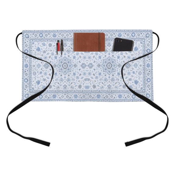 Central Floral Medallion Kitchen Restaurant Half Waist Apron, Rustic Classic Blue Line Arabesques Server Short Apron with 3 Pockets Waterproof Oil Waist Aprons for Women Waitress Waiter
