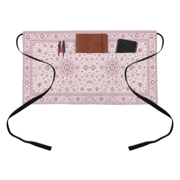 Central Floral Medallion Kitchen Restaurant Half Waist Apron, Rustic Classic Pink Line Arabesques Server Short Apron with 3 Pockets Waterproof Oil Waist Aprons for Women Waitress Waiter