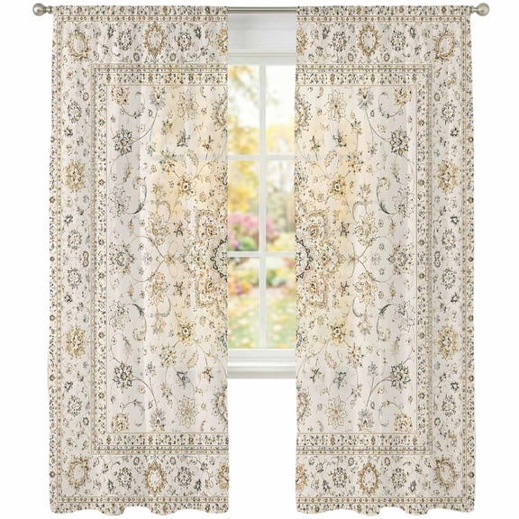 Central Floral Medallion Sheer Curtains 108 Inches Long 2 Panels, Rustic Classic Beige Line Arabesques Semi Sheer Rod Pocket Window Curtains Light Filtering Drapes for Living Room Bedroom