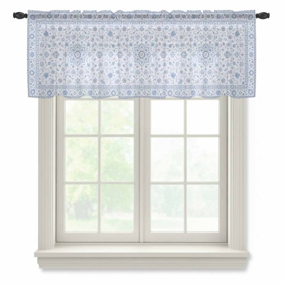 Central Floral Medallion Sheer Valances for Windows, Rustic Classic Blue Line Arabesques Semi Sheer Kitchen Valance Rod Pocket Small Voile Window Curtains for Living Room Bedroom 54 x 18 Inch