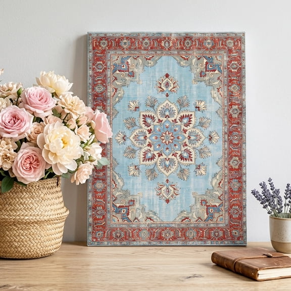 Central Floral Motif Canvas Wall Art for Living Room, Vintage Faded Red Border Light Blue Field Poster Print Painting for Sofa Area Villa Lobby Decoration Wall Pictures Prepare To Hang 24"x36"