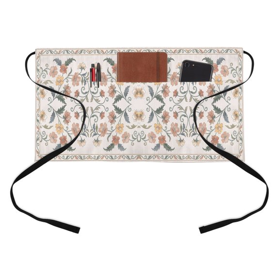Central Floral Vines Kitchen Restaurant Half Waist Apron, Spring Peach Pink Flower Blossoms Green Leaf Server Short Apron with 3 Pockets Waterproof Oil Waist Aprons for Women Waitress Waiter