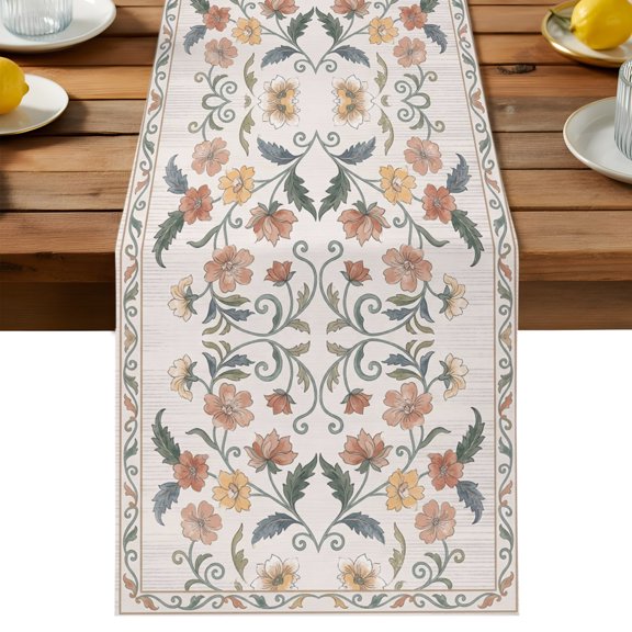 Central Floral Vines Table Runner, Spring Peach Pink Flower Blossoms Green Leaf Washable Kitchen Table Runners Dress Scarves for Dining Table Decorations Party/Restaurant/Indoor Outdoor Use, 13x48in