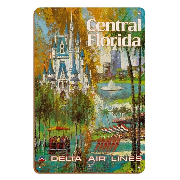 Central Florida - Orlando - Walt Disney World Resort - Delta Air Lines - Vintage Airline Travel Poster by Jack Laycox c.1960s - 8 x 12 inch Vintage Wood Art Sign