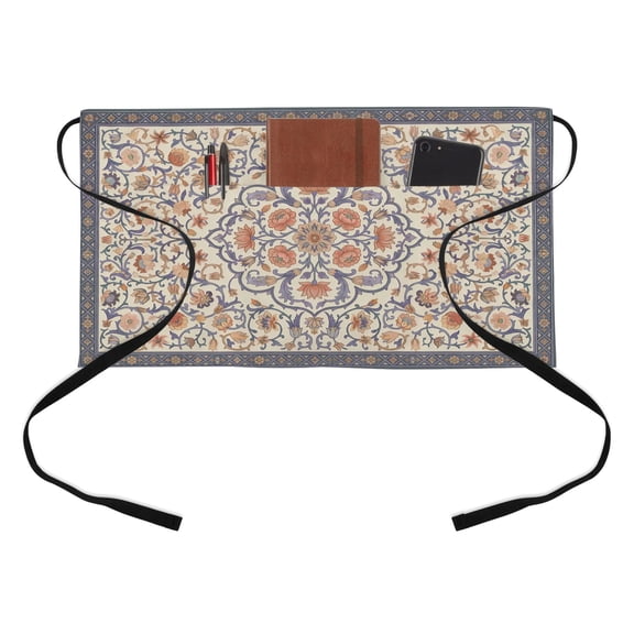 Central Flower Kitchen Restaurant Half Waist Apron, Royal Sand Petals Floral Blooms Navy Accents Border Server Short Apron with 3 Pockets Waterproof Oil Waist Aprons for Women Waitress Waiter
