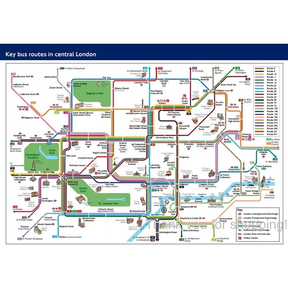 Central London Bus Route Map Poster 16x24 16"x24" #M01