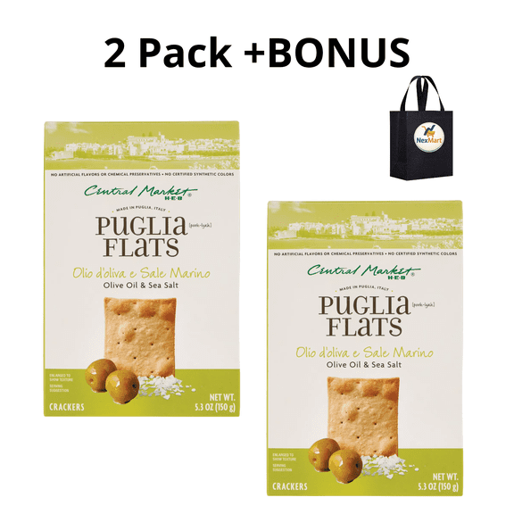 Central Market Puglia Flats Crackers Olive Oil and Sea Salt 5.3 oz , 2 Pack + Bonus